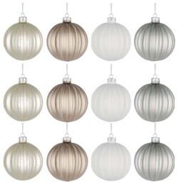 Shatchi Christmas Glass Baubles 12pcs Set - 8cm Pearl Champagne, White & Silver with 4 Elegant Designs