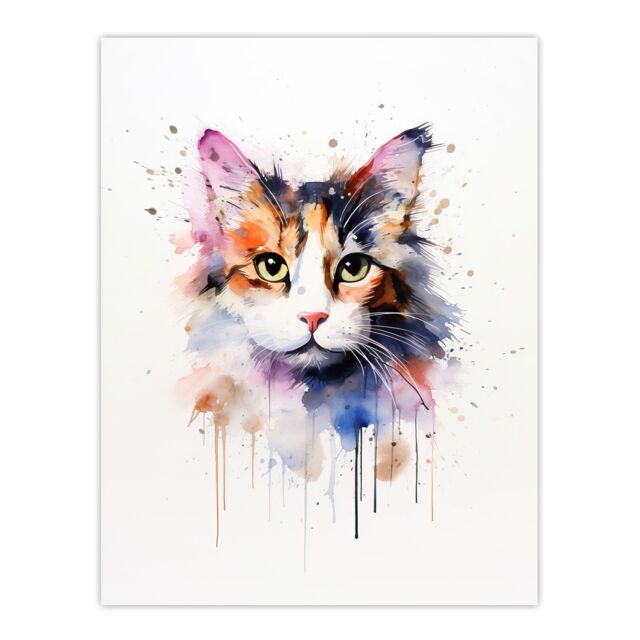 "Artery8 Wall Art Print Calico Cat Lovers Gift Watercolour Pet Portrait Painting Artwork Poster - Size: W12"" x H16""" - image 1