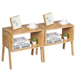 Costway Set of 2 Stackable Bedside Table Nightstand Bamboo Coffee Tea Table with Storage in Natural - thumbnail 1