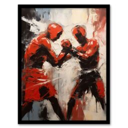 "Artery8 Wall Art Print The Red Boxers Boxing Sparring Oil Painting Action Sport Artwork Art Framed in Black - Size: W12"" x H16""" - thumbnail 1