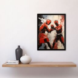 "Artery8 Wall Art Print The Red Boxers Boxing Sparring Oil Painting Action Sport Artwork Art Framed in Black - Size: W12"" x H16""" - thumbnail 4