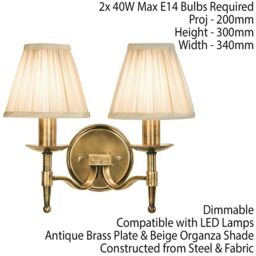 Loops Avery Luxury Twin Arm Wall Light Traditional Antique Brass & Beige Pleat Shade in Metallics - thumbnail 2