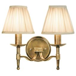 Loops Avery Luxury Twin Arm Wall Light Traditional Antique Brass & Beige Pleat Shade in Metallics
