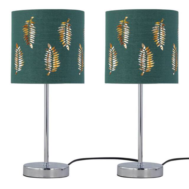 First Choice Lighting Set of 2 Chrome Stick Table Lamps with Dark Green Fern Cut Out Shades in Silver - image 1