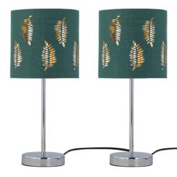 First Choice Lighting Set of 2 Chrome Stick Table Lamps with Dark Green Fern Cut Out Shades in Silver