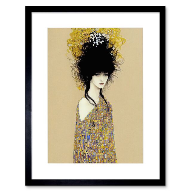 "Artery8 Wall Art Print Woman in Klimt Style Dress Gold Black Painting Artwork Framed 9X7 Inch - Size: W7"" x H9""" - image 1