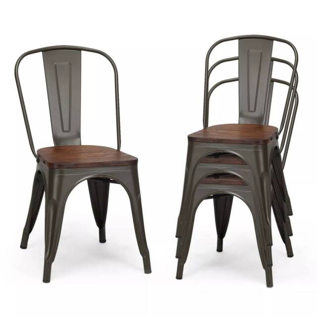 Costway Set of 4 Dining Chair Industrial Stackable Bar Stool with High Backrest in Brown - image 1
