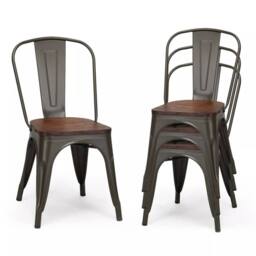 Costway Set of 4 Dining Chair Industrial Stackable Bar Stool with High Backrest in Brown - thumbnail 1
