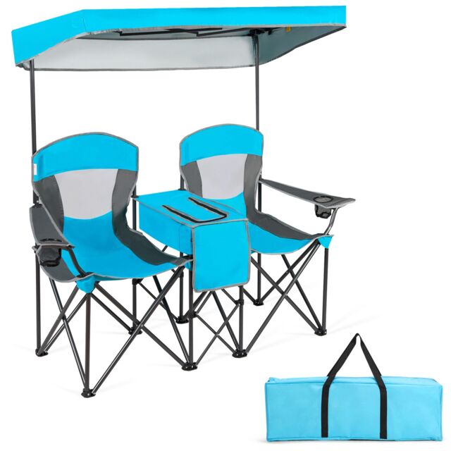 Gymax Double Sunshade Folding Chairs Outdoor 2-person Chairs in Blue - image 1