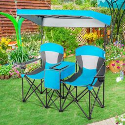 Gymax Double Sunshade Folding Chairs Outdoor 2-person Chairs in Blue - thumbnail 9