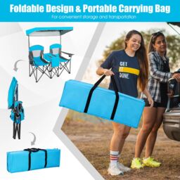 Gymax Double Sunshade Folding Chairs Outdoor 2-person Chairs in Blue - thumbnail 2