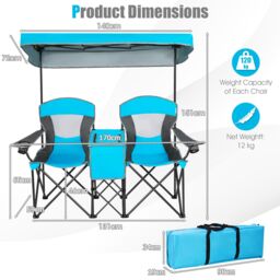 Gymax Double Sunshade Folding Chairs Outdoor 2-person Chairs in Blue - thumbnail 3