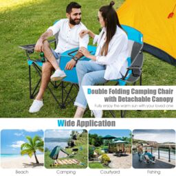 Gymax Double Sunshade Folding Chairs Outdoor 2-person Chairs in Blue - thumbnail 6