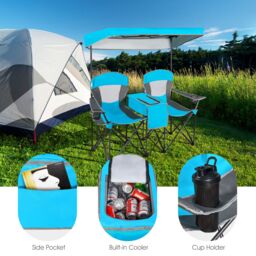 Gymax Double Sunshade Folding Chairs Outdoor 2-person Chairs in Blue - thumbnail 7