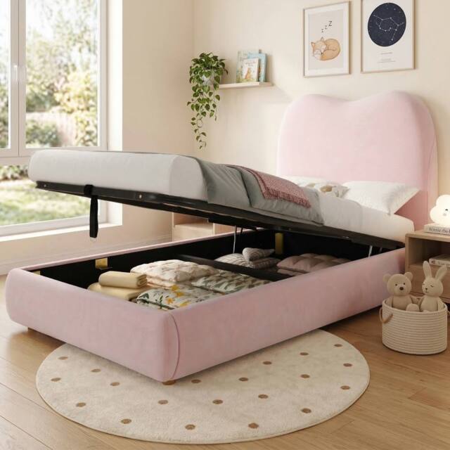 Matteo Pink Velvet Children's Single Bed with Hydraulic Storage - image 1
