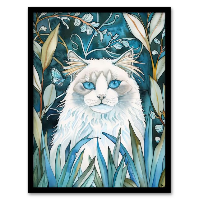 Artery8 White Ragdoll Cat Lover Pet in Garden at Night Framed Wall Art in Blue - Size: A4 - image 1