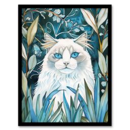 Artery8 White Ragdoll Cat Lover Pet in Garden at Night Framed Wall Art in Blue - Size: A4 - thumbnail 1