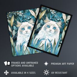 Artery8 White Ragdoll Cat Lover Pet in Garden at Night Framed Wall Art in Blue - Size: A4 - thumbnail 2