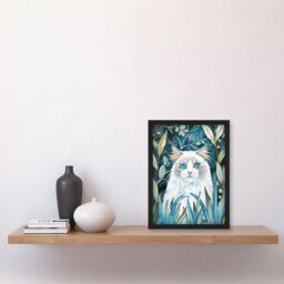 Artery8 White Ragdoll Cat Lover Pet in Garden at Night Framed Wall Art in Blue - Size: A4 - thumbnail 4