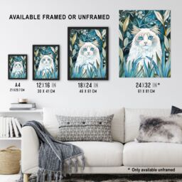 Artery8 White Ragdoll Cat Lover Pet in Garden at Night Framed Wall Art in Blue - Size: A4 - thumbnail 3