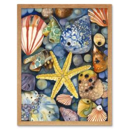 "Artery8 Wall Art Print The Rock Pool Seaside Clams Starfish Bathroom Art Framed in Light Oak - Size: W12"" x H16""" - thumbnail 1