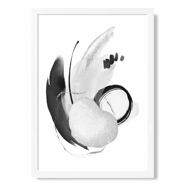 ARTZE Abstract Black & White Watercolour Shapes Framed Print SIZE: A2 with White Frame - Size: A4 - image 1