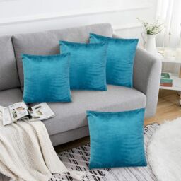 Luxury Living Luxurious Velvet Cushions Set of 4 - Soft Plush Fibre Pads, Vibrant Colours for Sofa & Bed Décor in Teal - Size: 45 cm x 45 cm - thumbnail 1