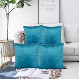 Luxury Living Luxurious Velvet Cushions Set of 4 - Soft Plush Fibre Pads, Vibrant Colours for Sofa & Bed Décor in Teal - Size: 45 cm x 45 cm - thumbnail 6