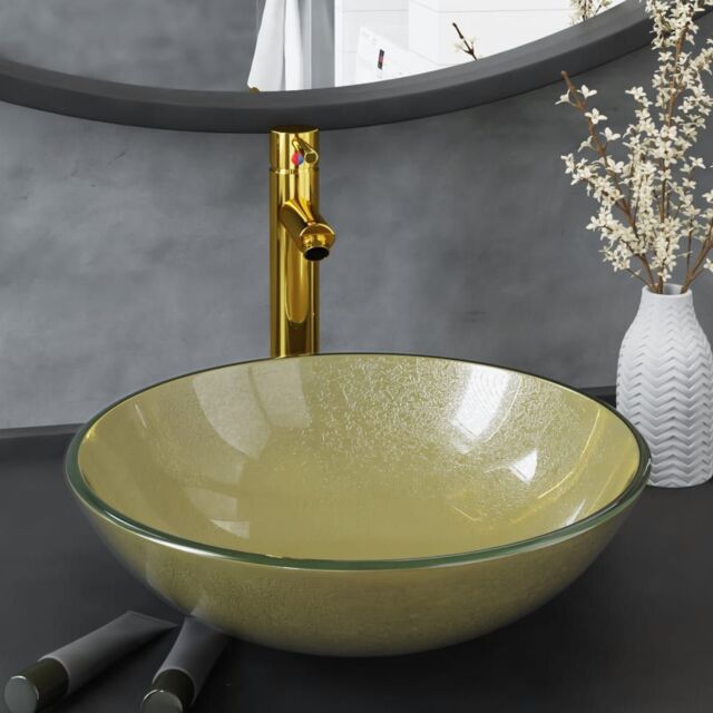 Berkfield Home Bathroom Sink with Tap & Push Drain Gold Tempered Glass - image 1