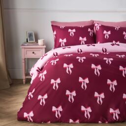 OHS Bows Microfibre Reversible Bedding Set Duvet Cover with Pillowcase in Burgundy - Size: Single