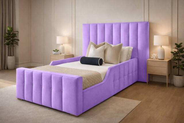 PARADISE BEDS LTD Single Wooden Upholstered Kids Bed Frame With Headboard in Purple - image 1