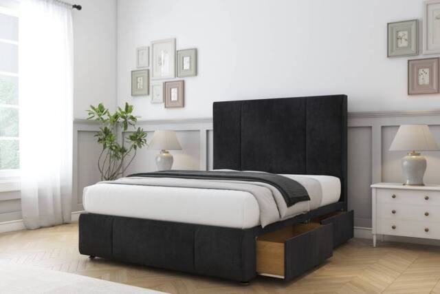 "Comfort Beds Arya Naples Divan Base 2 Drawers - 26"" Headboard-Footboard in Black - Size: Small Single" - image 1