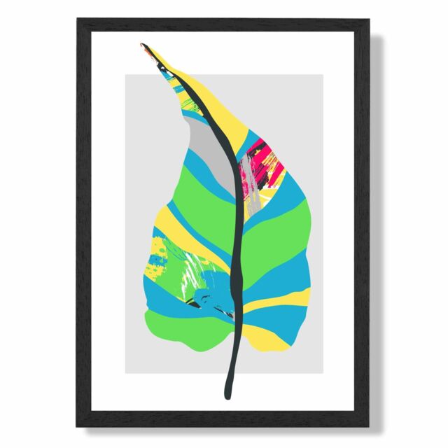 ARTZE Tropical Plant Blue & Green Abstract Minimalist Framed Print SIZE: A4 with Black Frame in Mid Blue - image 1