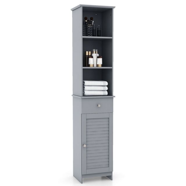 Gymax 164 CM Tall Bathroom Cabinet With 3 Open Shelves & Adjustable Shelves in Grey - image 1