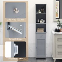 Gymax 164 CM Tall Bathroom Cabinet With 3 Open Shelves & Adjustable Shelves in Grey - thumbnail 6