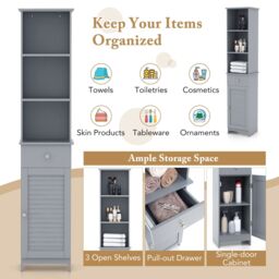 Gymax 164 CM Tall Bathroom Cabinet With 3 Open Shelves & Adjustable Shelves in Grey - thumbnail 5