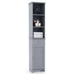 Gymax 164 CM Tall Bathroom Cabinet With 3 Open Shelves & Adjustable Shelves in Grey