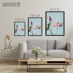 "Artery8 Pink Lotus Flower Blooms Framed Canvas Wall Art Print Ogawa Kazumasa in Blue - Size: W12"" x H16""" - thumbnail 4