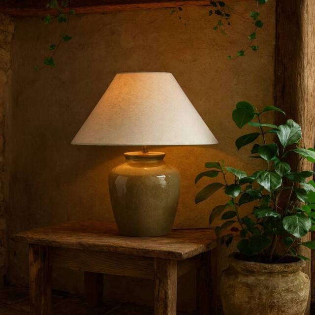 Wyld Haus Rocamadour Ceramic Table Lamp with Tapered Linen Shade in Green - image 1