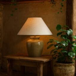 Wyld Haus Rocamadour Ceramic Table Lamp with Tapered Linen Shade in Green