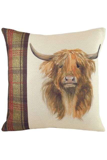 Evans Lichfield Hunter Highland Cow Hand-Painted Watercolour Printed Cushion - Size: 43 cm x 43 cm - image 1