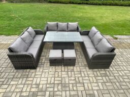Fimous Garden Dining Set Outdoor Rattan Furniture Lounge Sofa Height Adjustable Rising lifting Table in Dark Grey - thumbnail 1