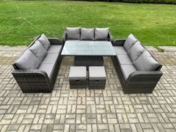 Fimous Garden Dining Set Outdoor Rattan Furniture Lounge Sofa Height Adjustable Rising lifting Table in Dark Grey - thumbnail 2