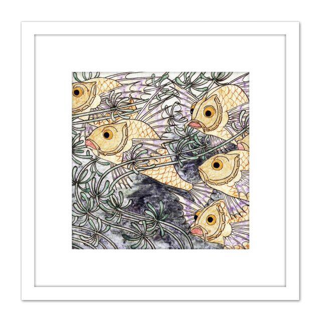 Artery8 Nienhuis Fish Seaweed Tile Design Pattern Photo 8X8 Inch Square Wooden Framed Wall Art Print Picture with Mount in White - image 1