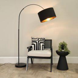 ValueLights Louis Black Arched Curved Floor Lamp with Black & Metallic Gold Inner Shade - thumbnail 1