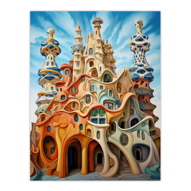 "Artery8 Antoni Gaudi Style Orange Pink Blue Architecture Artwork Large Wall Unframed Art Poster Print Thick Paper 18X24 Inch - Size: W18"" x H24""" - image 1