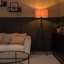 ValueLights Camden Black Metal Tripod Floor Lamp with Blush Pink Drum Lamp Shade in Dusty Pink - thumbnail 3