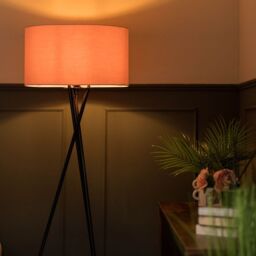 ValueLights Camden Black Metal Tripod Floor Lamp with Blush Pink Drum Lamp Shade in Dusty Pink - thumbnail 2