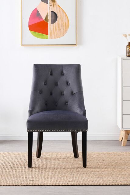 Life Interiors Single 'Windsor' Knocker Back Velvet Dining Chair Solid Wood Legs in Dark Grey - image 1