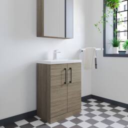 Balterley Bathroom Vanity Basin Unit, Black Handles, 600mm, Mid Oak in Brown - thumbnail 2